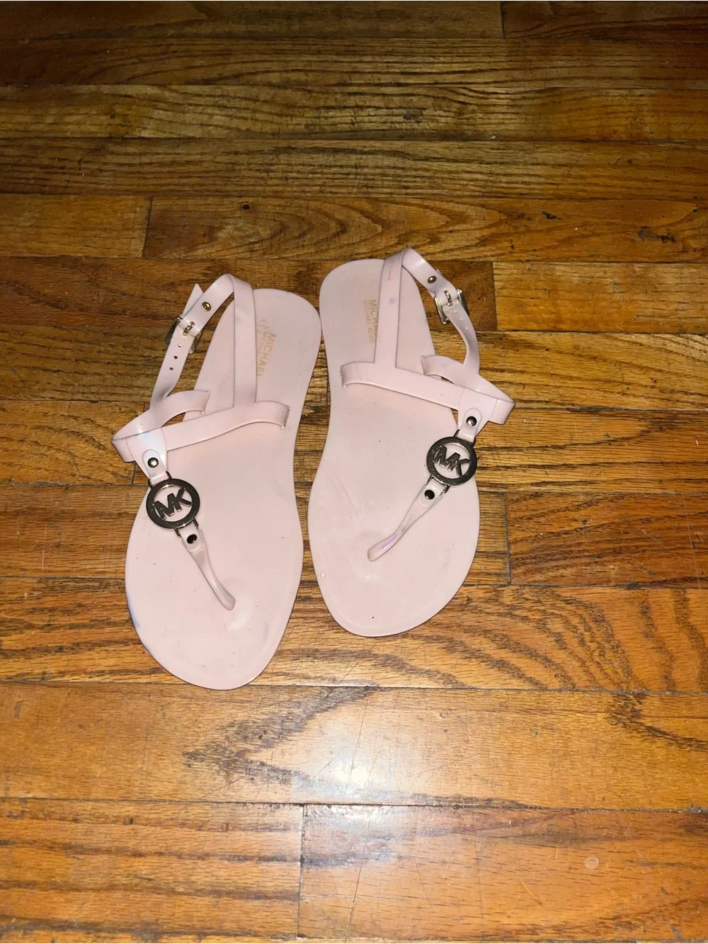 Michael Kors Light Pink Jelly T-Strap Sandals with Logo Emblem